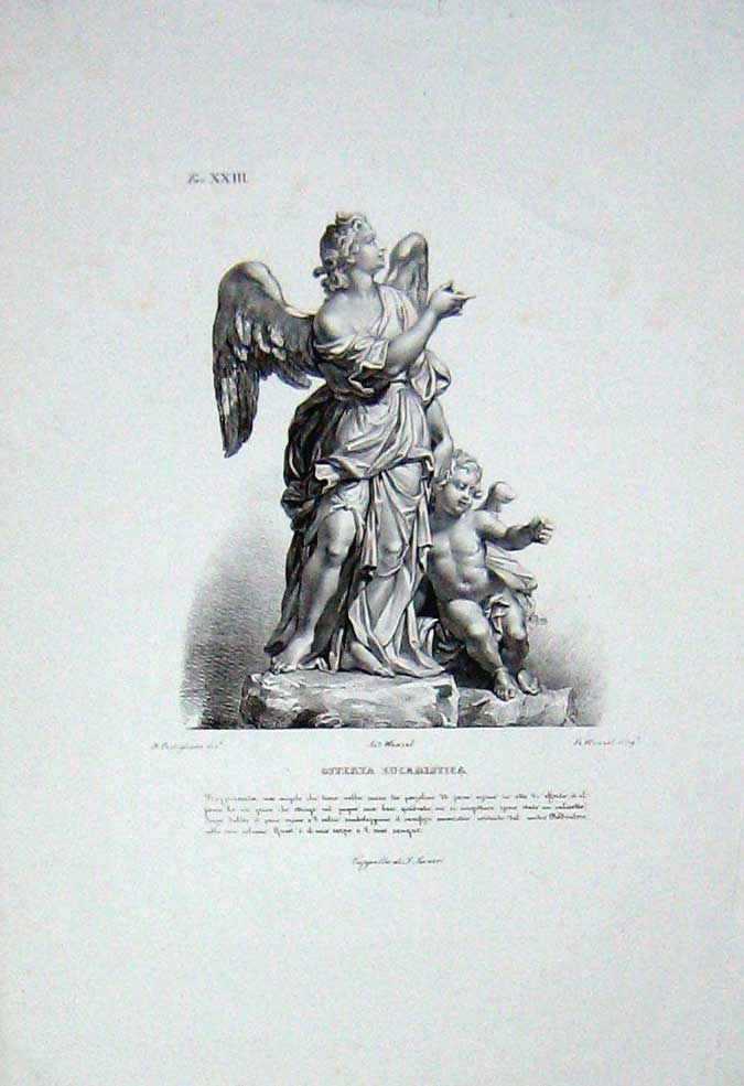Original Old Antique Print Statue Winged Mother Child Lady Offerta Eucaristica
