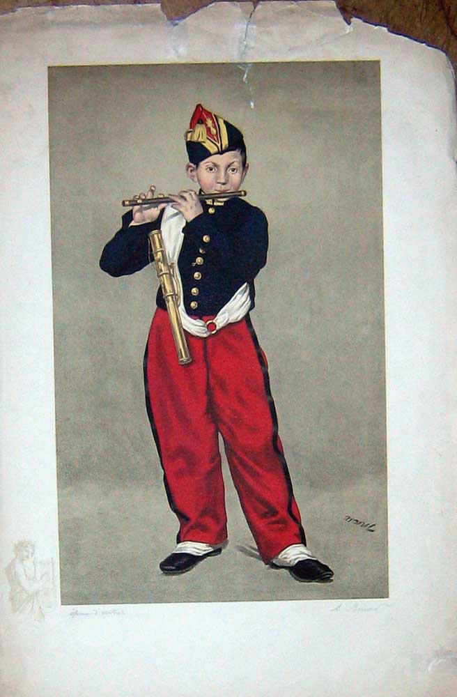 Original Old Antique Print Large Colour Little Sier Boy Music