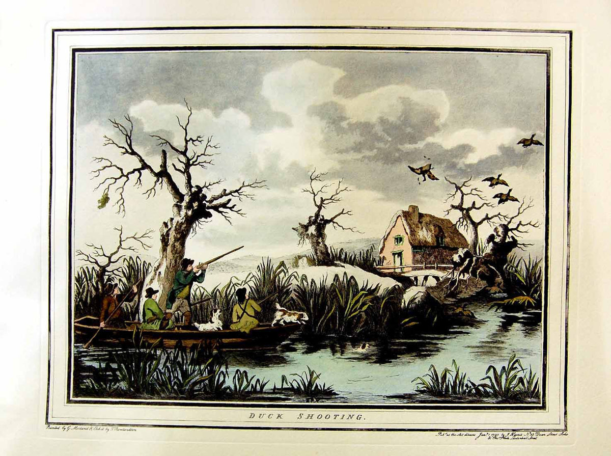 Original Old Antique Print Restrike Wild Duck Shooting Morland H/C 1799 18th