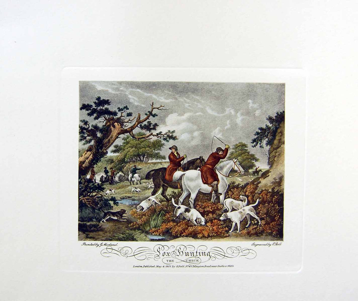 Original Old Antique Print Restrike Fox Hunting The Check H/C Morland 1800 19th