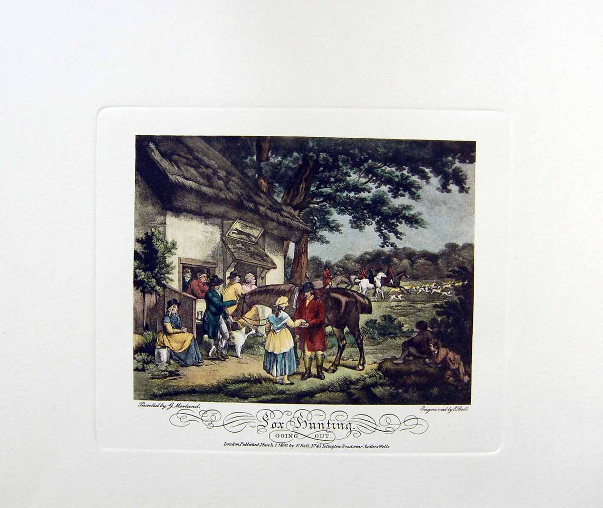 Original Old Antique Print Restrike Fox Hunting Going Out H/C Morland 1800 19th