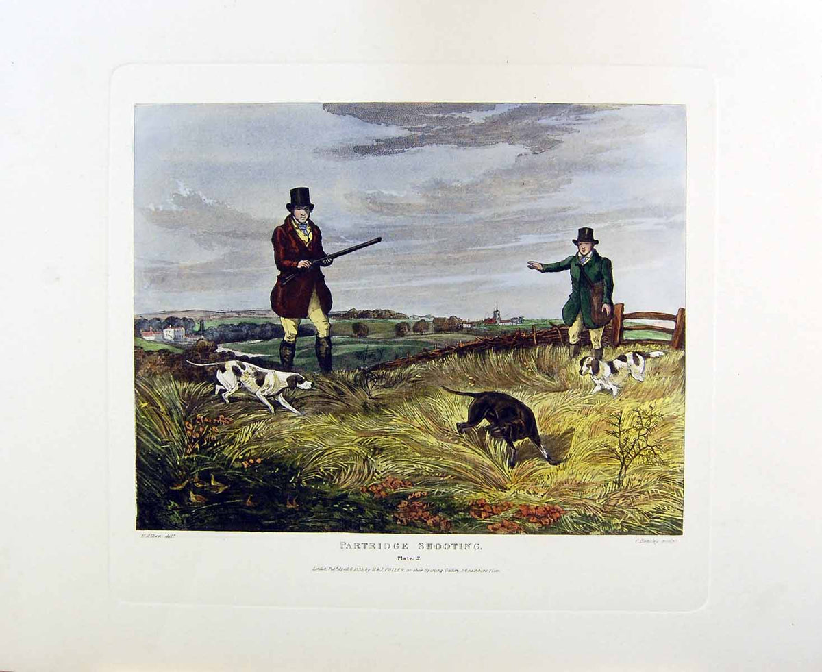 Original Old Antique Print Restrike Partridge Shooting *2 By Alken