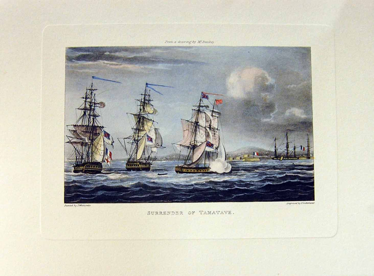 Original Old Antique Print Restrike Surrender Tamatave Naval Ships H/C