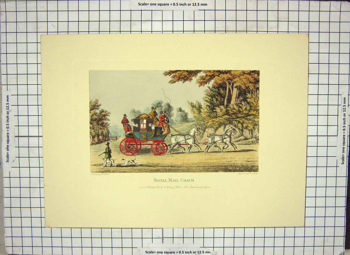 Original Old Antique Print Restrike Royal Mail Coach By Pollard 1829 H/C 19th