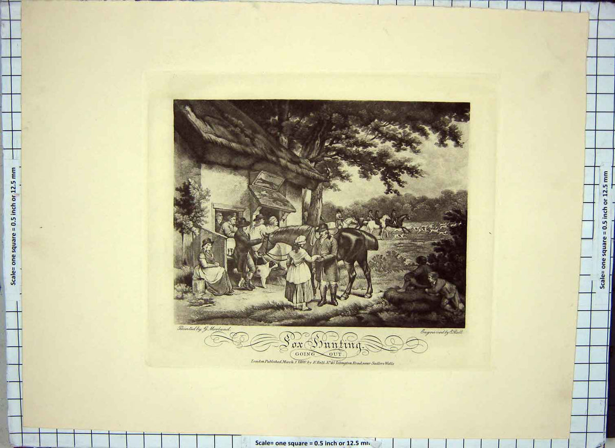 Original Old Antique Print Restrike Fox Hunting The Going Out 1800 Morland Bell