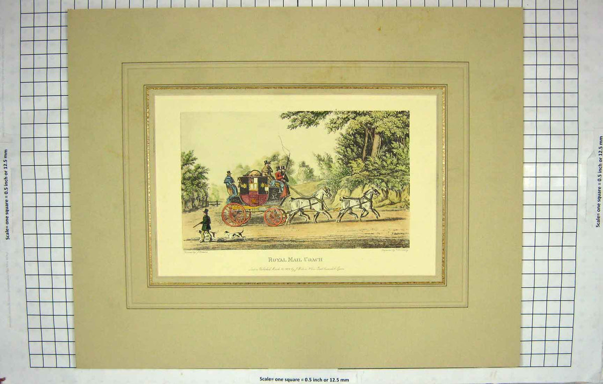 Original Old Antique Print Restrike Royal Mail Coach 1829 Mounted 19th Century