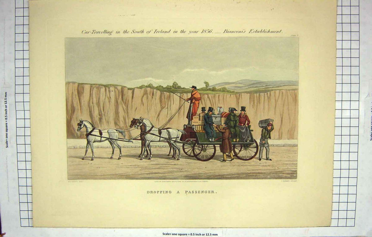 Original Old Antique Print Dropping Passenger Ireland Coach 1856 Hayes H/C 19th