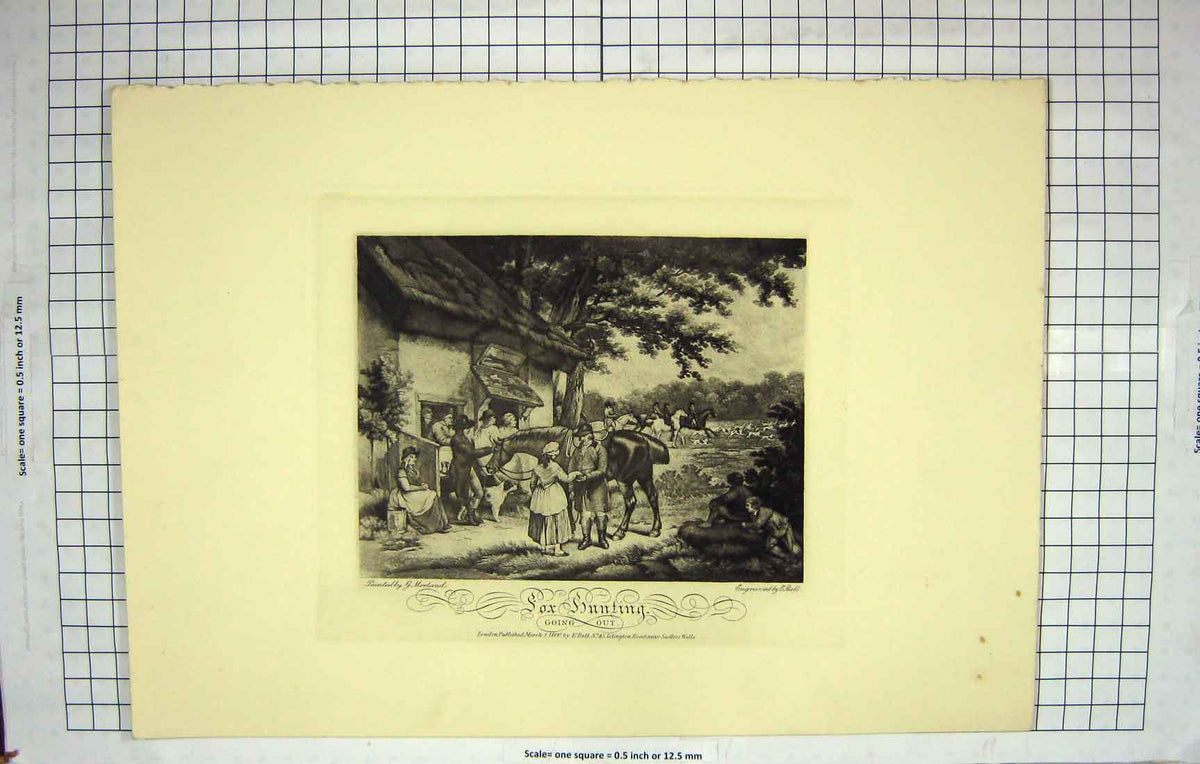 Original Old Antique Print Fox Hunting Morland 1801 Going Out Napoleonic Era