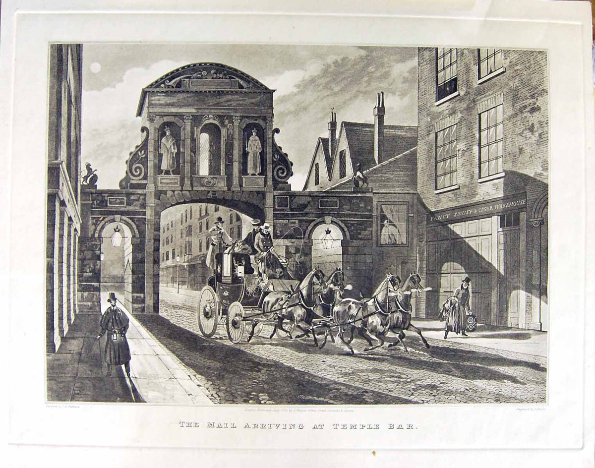 Original Old Antique Print Mail Arriving Temple Bar Newhouse Bailey 1834 19th