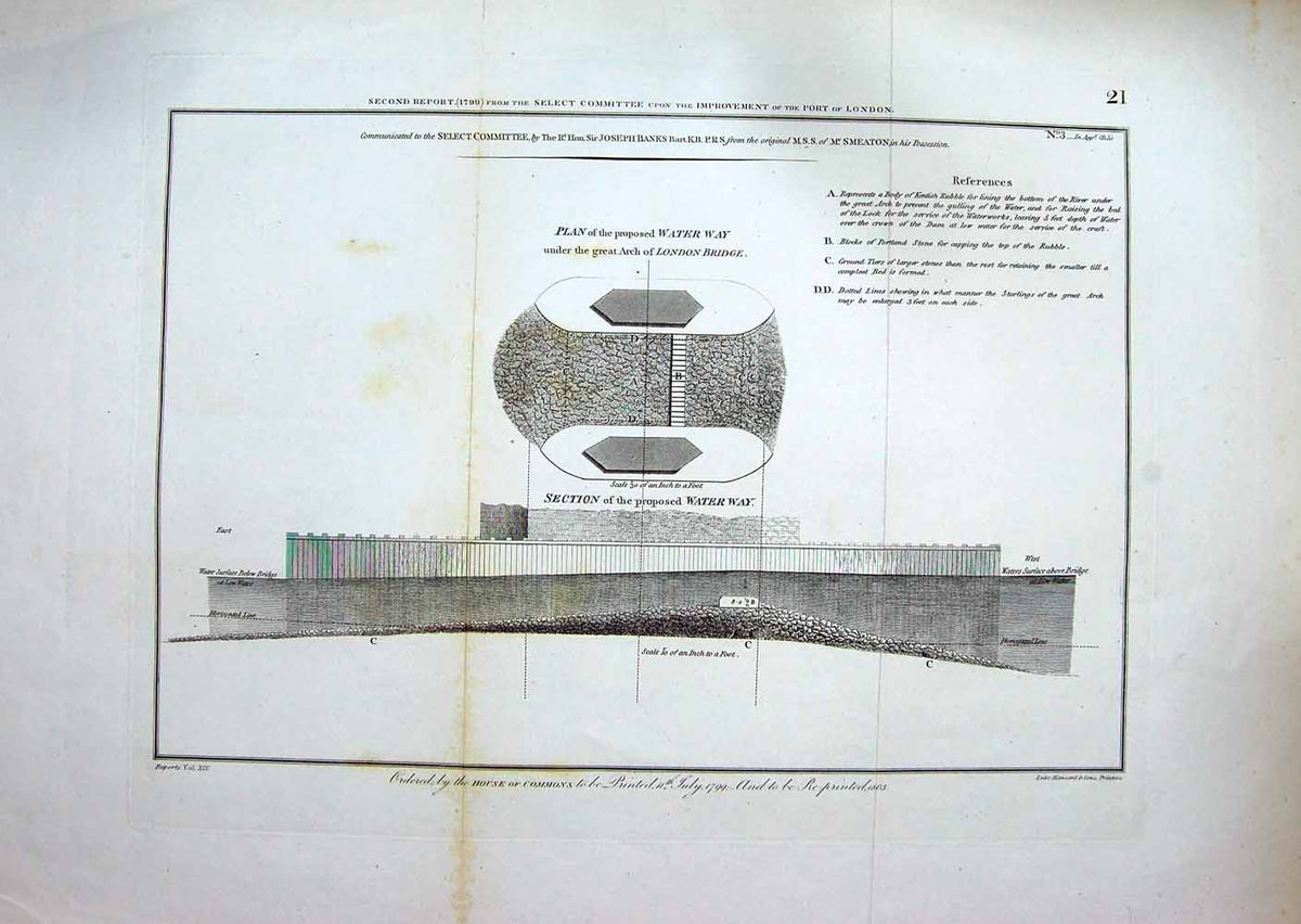 Original Old Antique Print 1799 Plan Water Way London Bridge Hansard Engraving