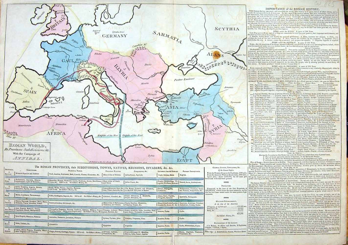 Old Antique Print Map Roman World Gaul Britain Germany Asia Syria Spain