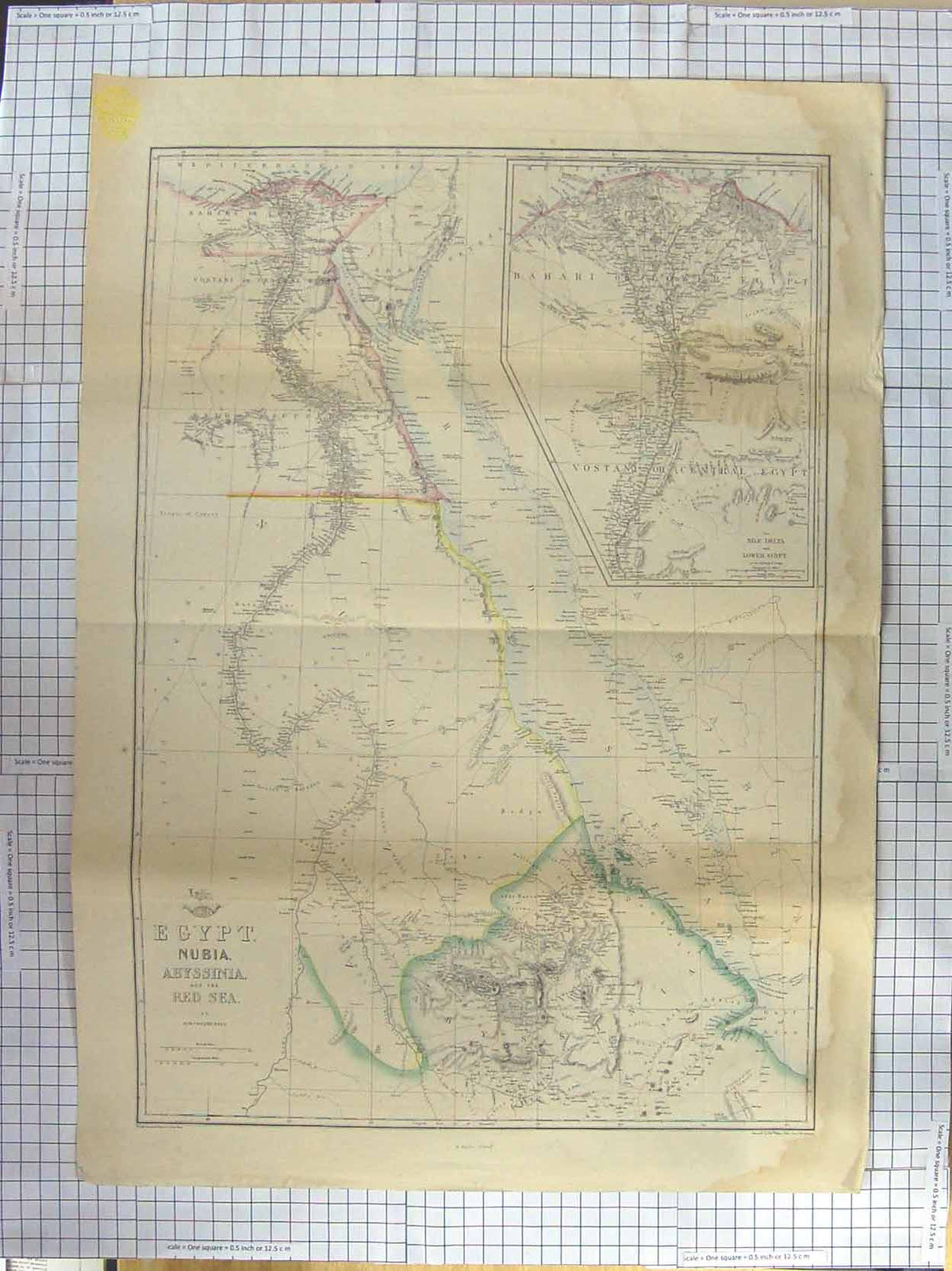 Original Old Antique Print Weller Map C1870 Egypt Nubia Abyssinia Red Sea 19th