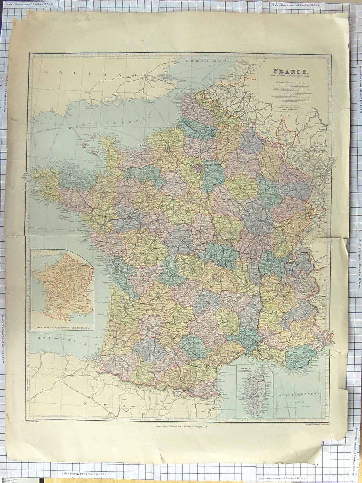 Original Old Antique Print Stanford Map C1870 France Corsica Mediterranean 19th