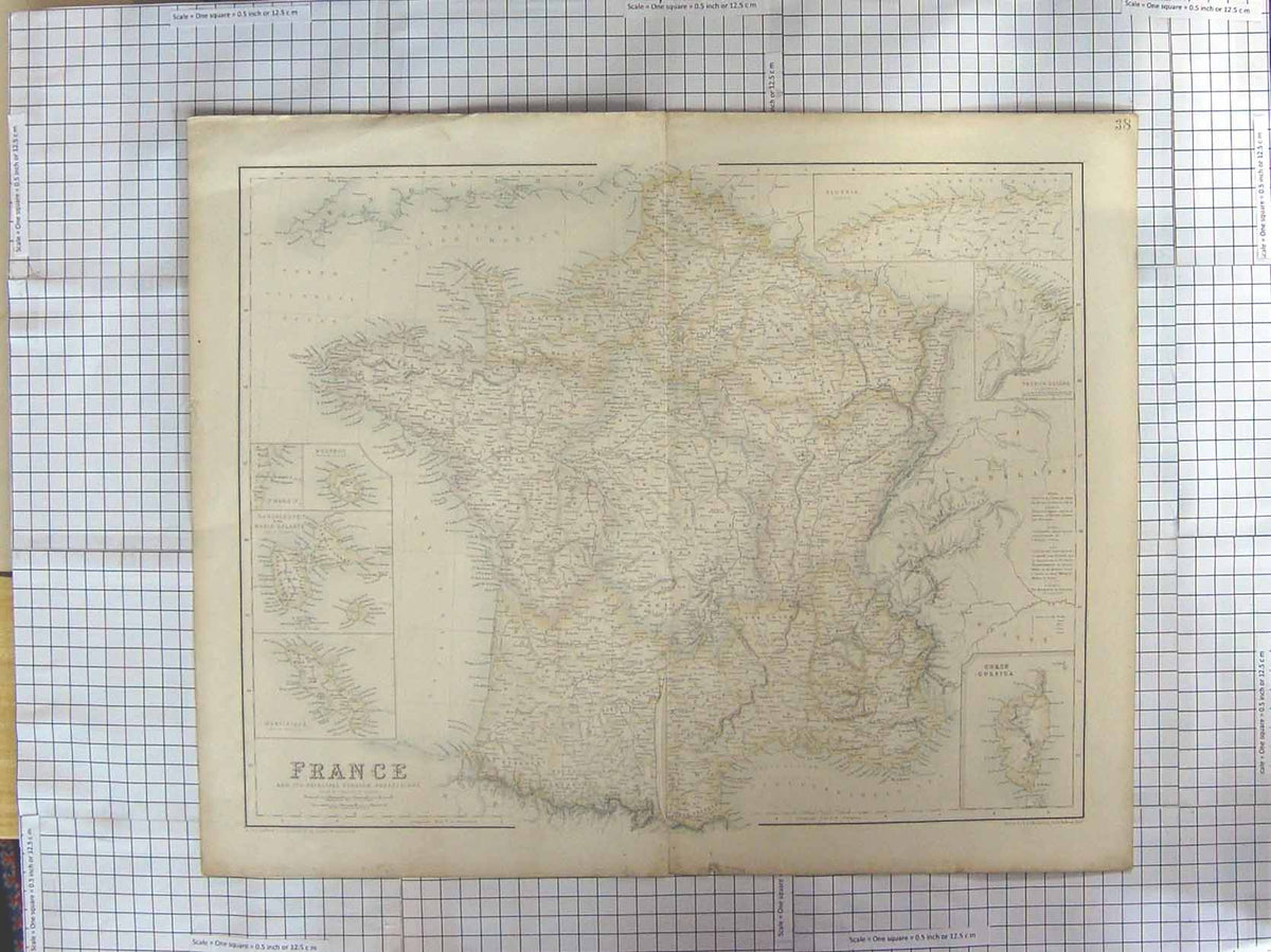 Original Old Antique Print Macpherson Map C1870 France Corsica Bourbon Victorian