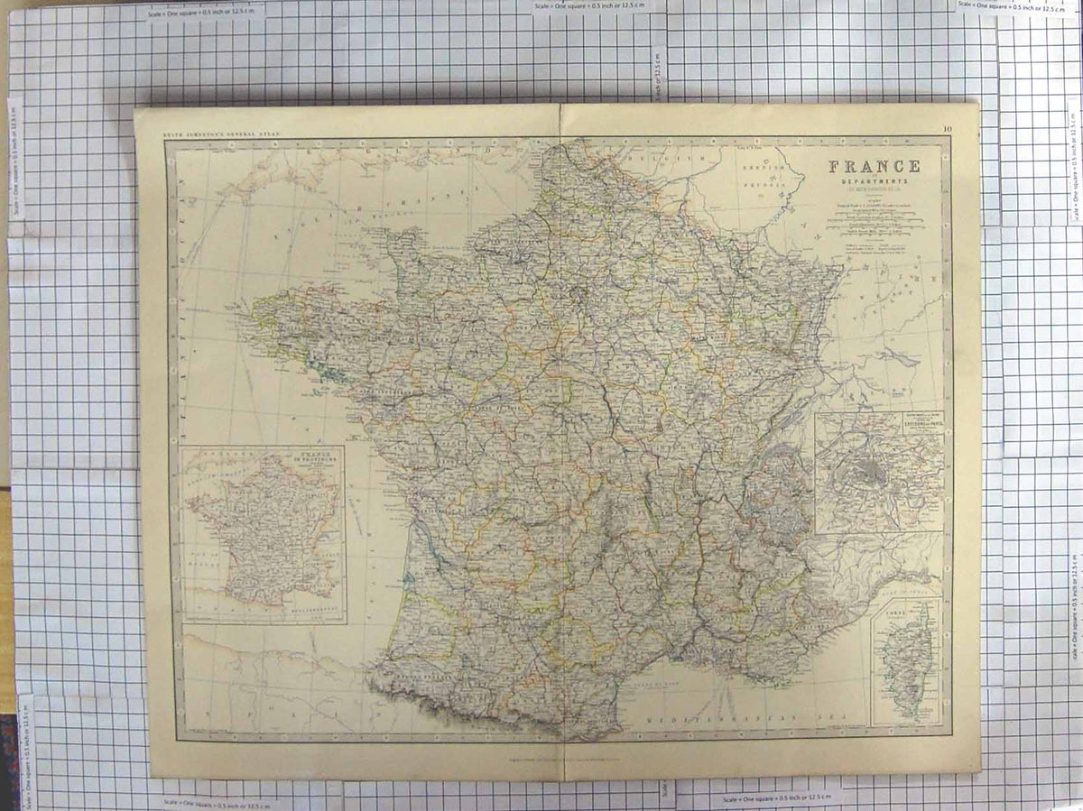 Original Old Antique Print Johnston Map C1870 France Paris Corsica Victorian