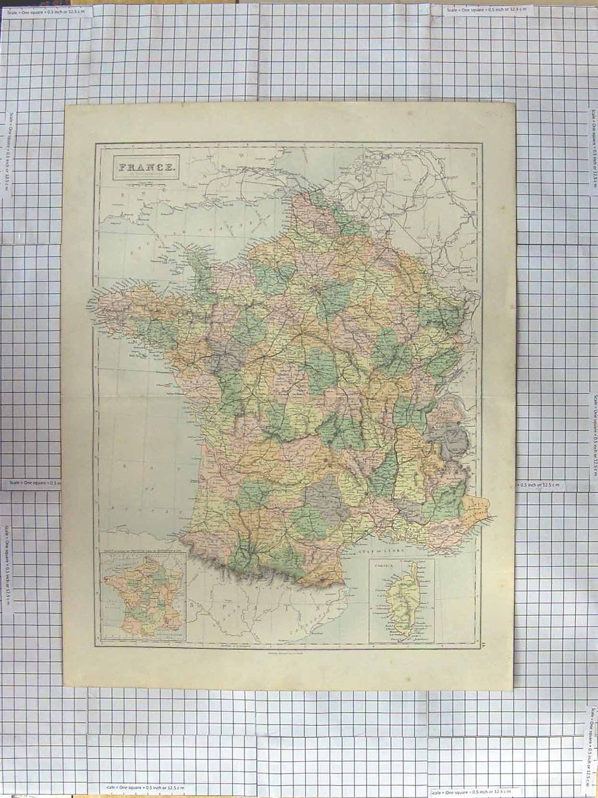 Original Old Antique Print Black Map C1870 France Corsica Bay Biscay Victorian