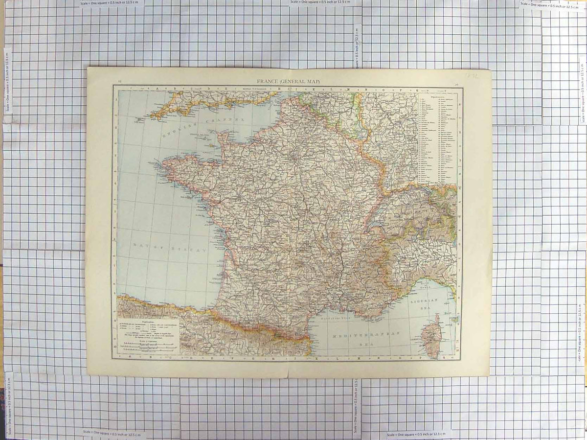Original Old Antique Print Map 1892 France Corsica Mediterranean Biscay 19th