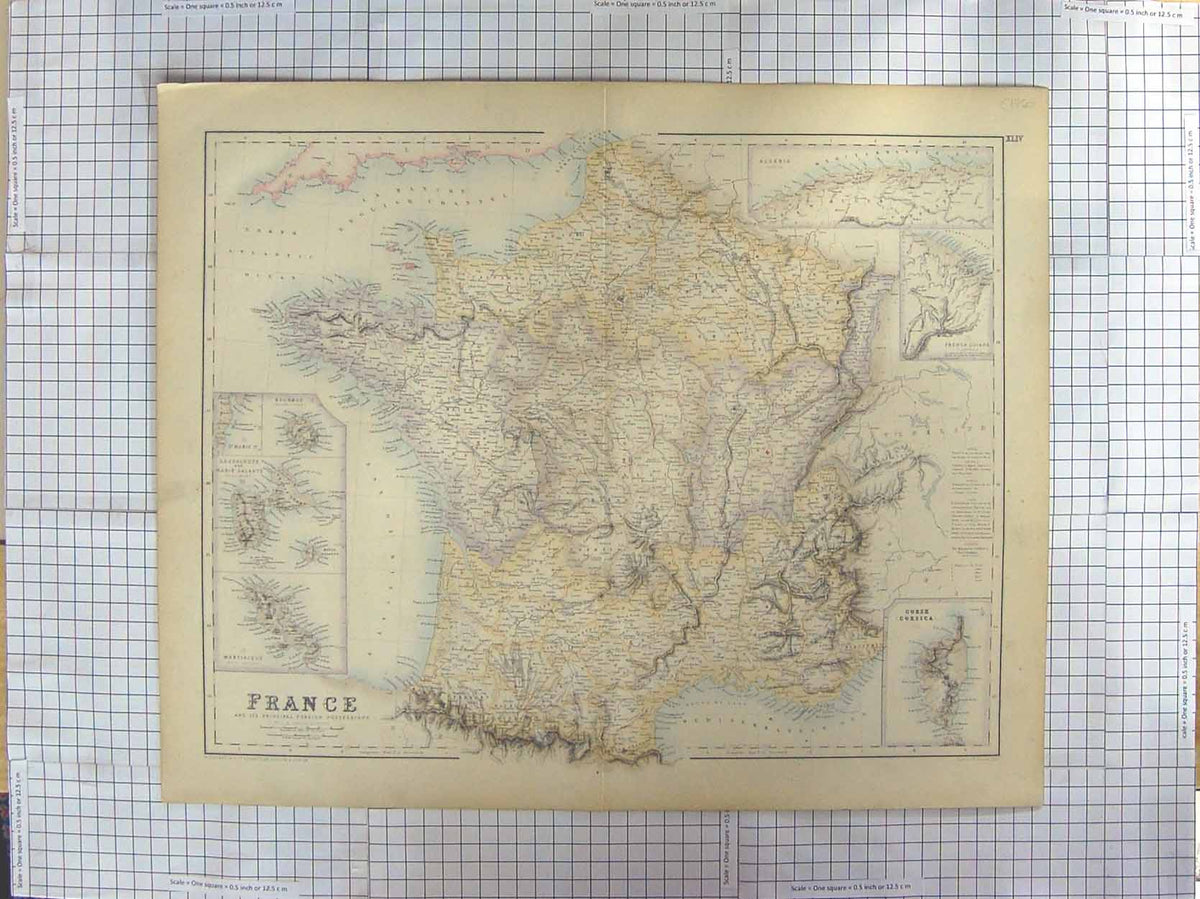 Original Old Antique Print Ref.590 Swanston Map C1870 France Corsica Martinique