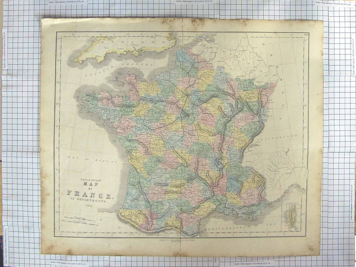Original Old Antique Print Gall Inglis Map C1870 France Corsica Bay Biscay 19th
