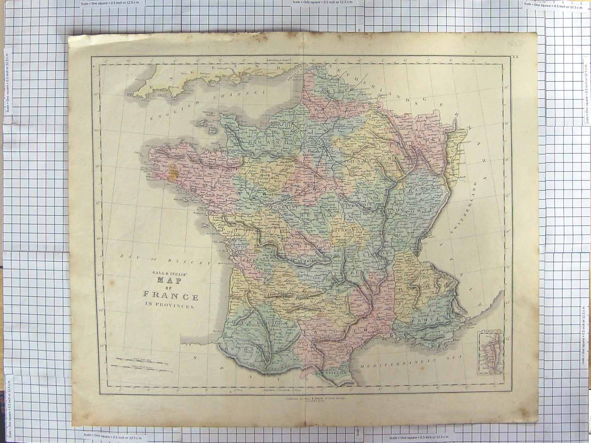 Original Old Antique Print Jones Map C1870 France Corsica Guernsey Jersey 19th