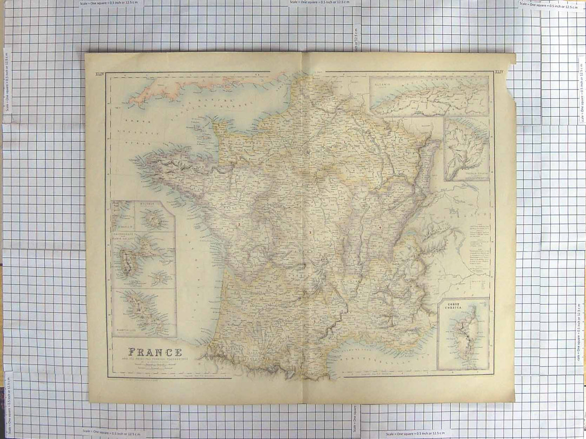 Original Old Antique Print Swanston Map C1870 France Corsica Bourbon Victorian