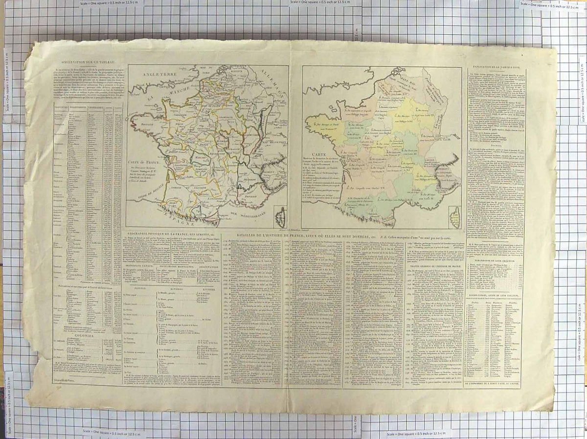 Original Old Antique Print Map C1870 France History Carte Kings 19th