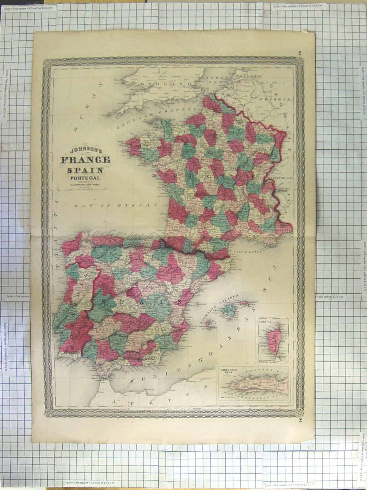 Original Old Antique Print Johnston Map C1870 France Gibraltar Corsica Victorian