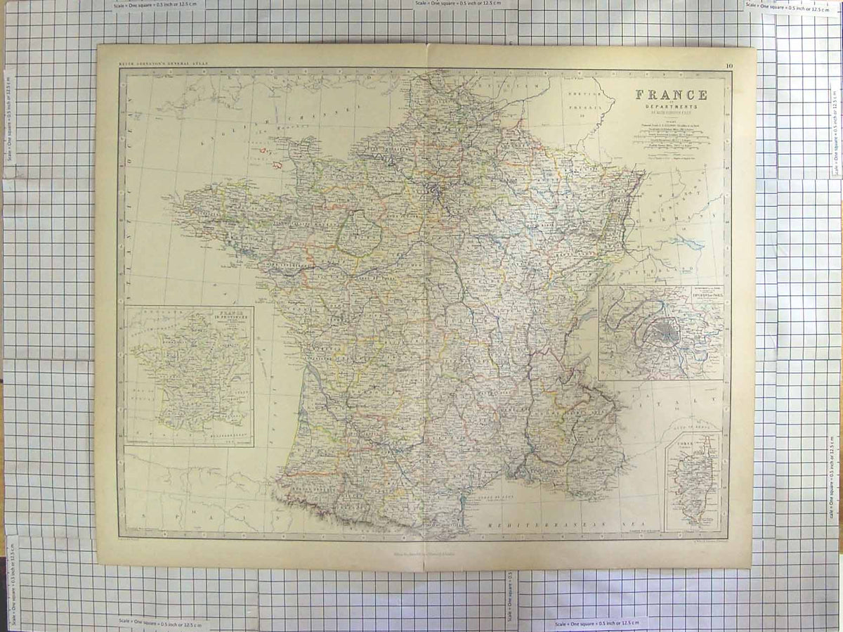 Original Old Antique Print Johnston Map C1870 France Paris Corsica Seine 19th