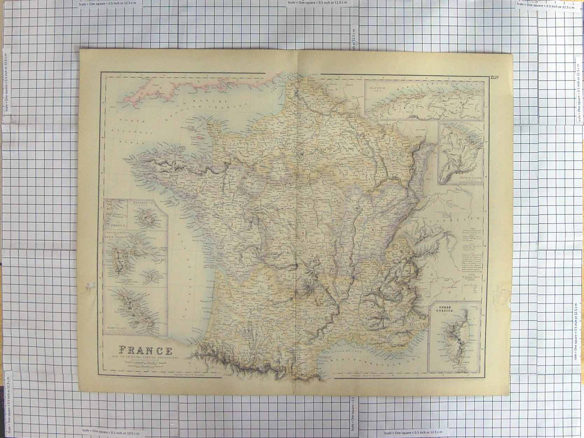 Original Old Antique Print Swanston Map C1870 France Corsica Martinique 19th