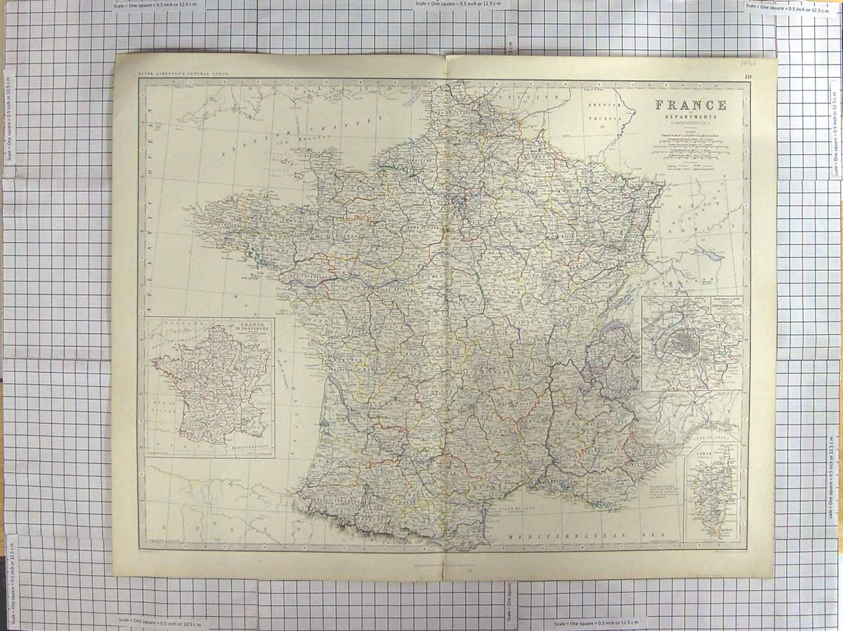 Original Old Antique Print Johnston Map C1870 France Corsica Paris Seine 19th