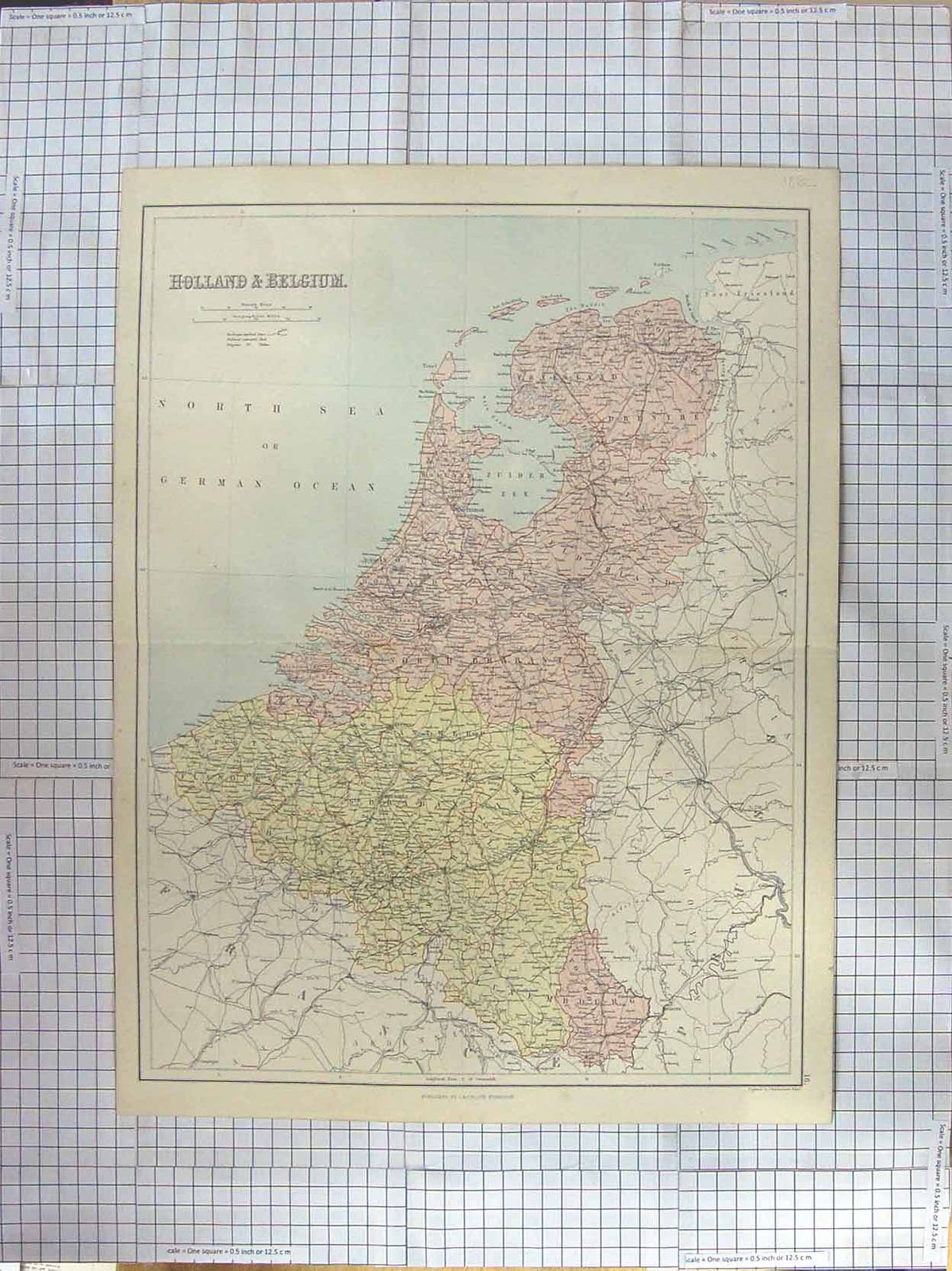 Original Old Antique Print Bartholomew Map C1870 Holland Belgium Brussels 19th