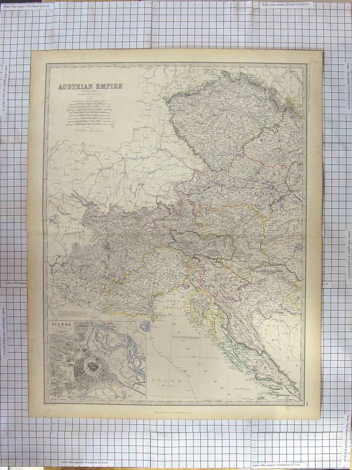 Original Old Antique Print Johnston Map C1870 Austrian Empire Vienna Plan 19th