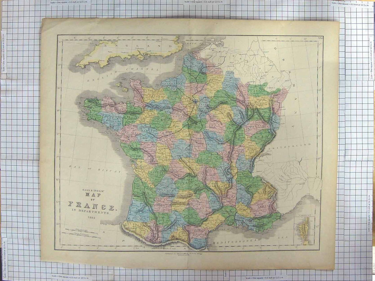 Original Old Antique Print Gall Inglis Map 1850 Departments France Corsica 19th