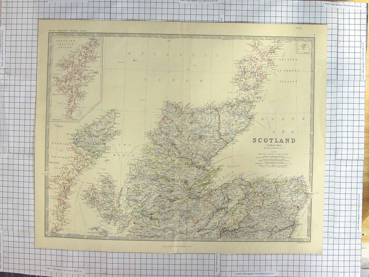 Original Old Antique Print Johnston Map C1870 Northern Scotland Orkney Victorian
