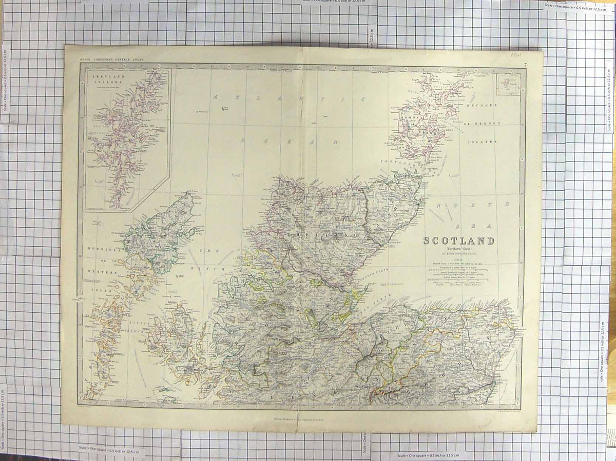Original Old Antique Print *596 Johnston Map C1870 Northern Scotland Orkney