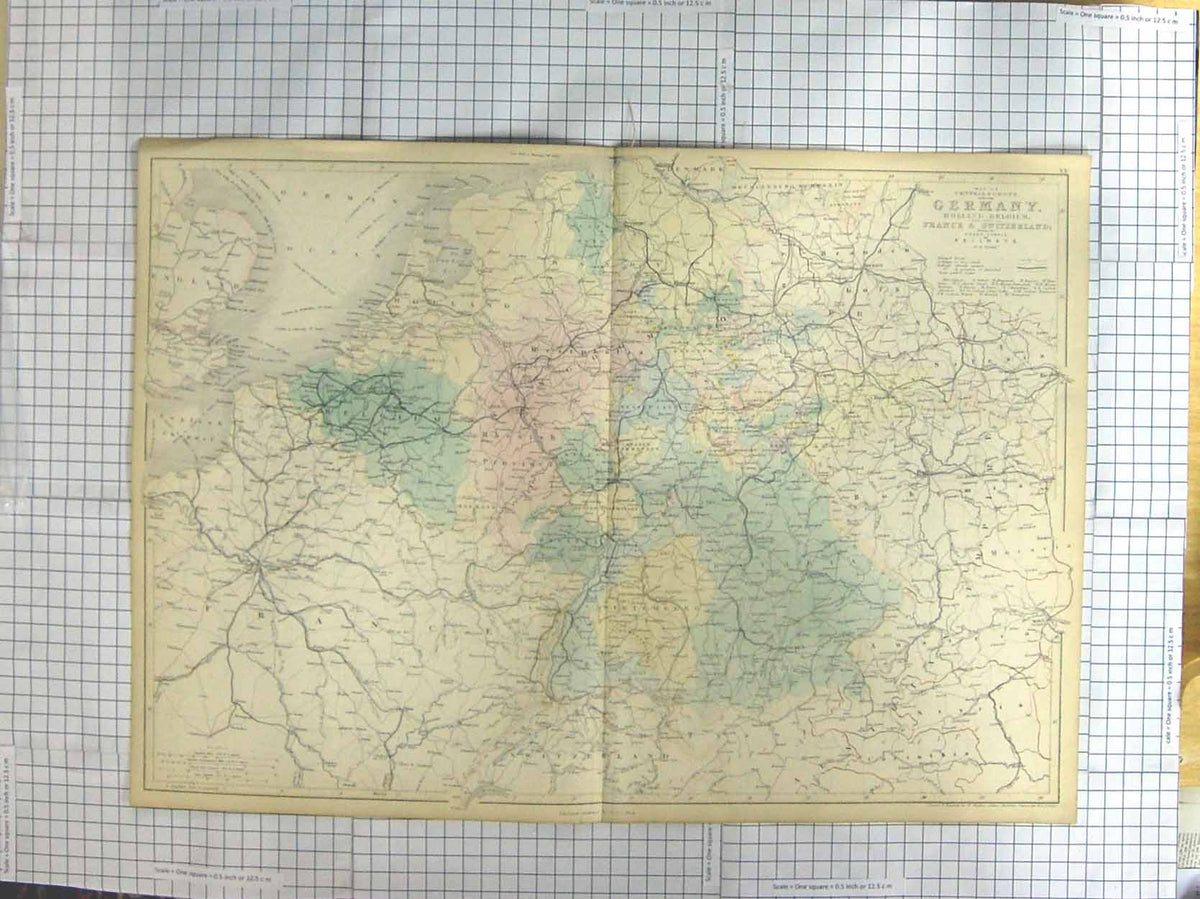 Original Old Antique Print Hughes Map C1870 Germany Holland Belgium Victorian