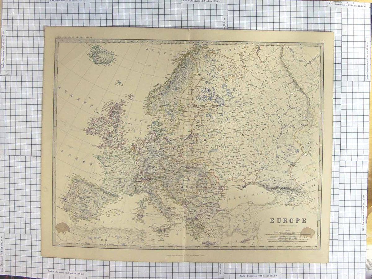 Original Old Antique Print Johnston Map C1870 Europe France Spain Germany 19th