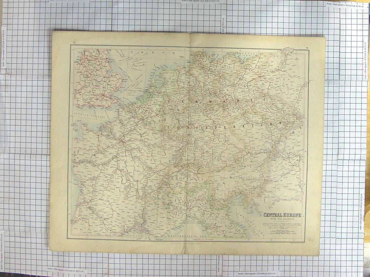 Original Old Antique Print Bartholomew Map C1870 Europe Railway Germany 19th