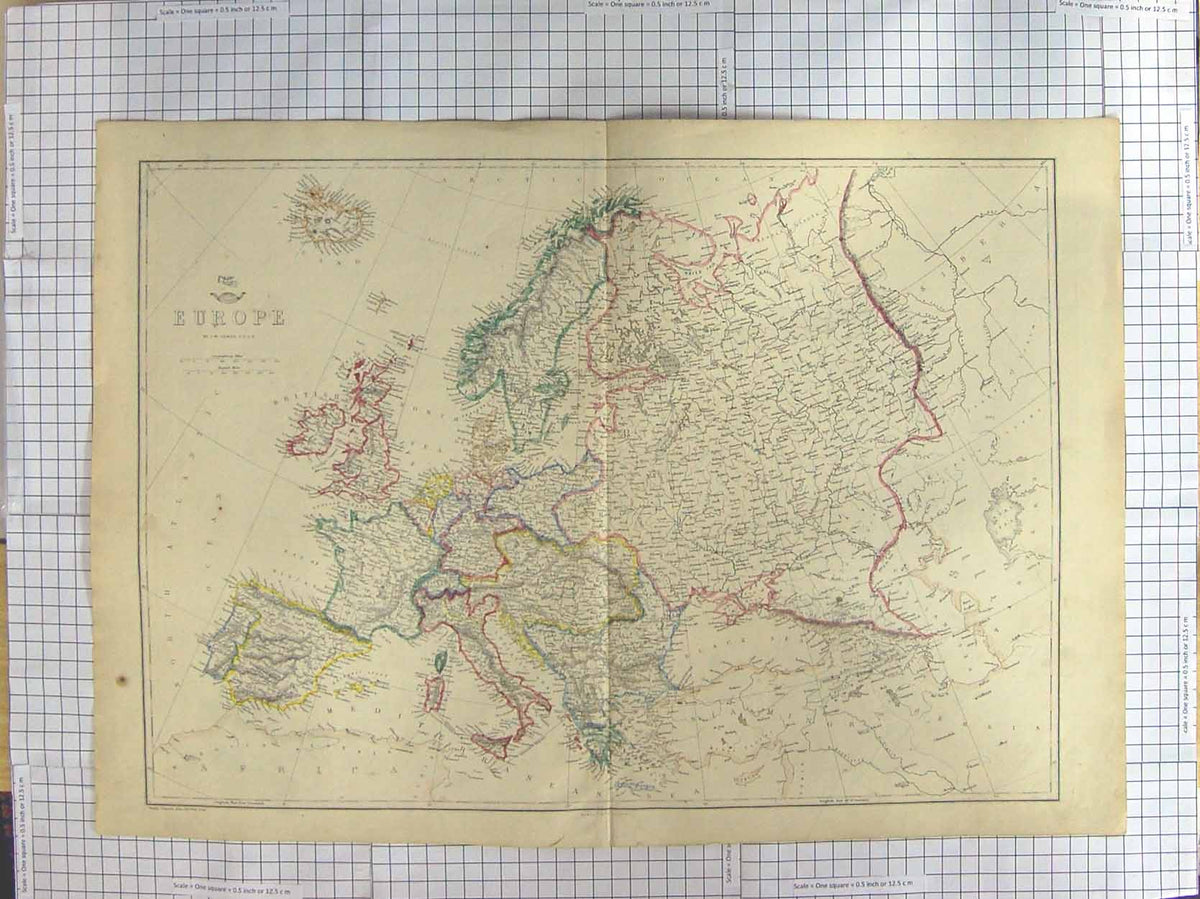 Original Old Antique Print Day Map C1870 Europe Britain France Spain Italy 19th