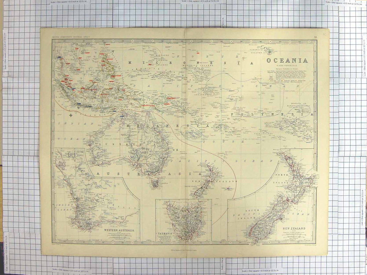 Original Old Antique Print Johnston Map C1870 Oceania Australia Tasmania 19th
