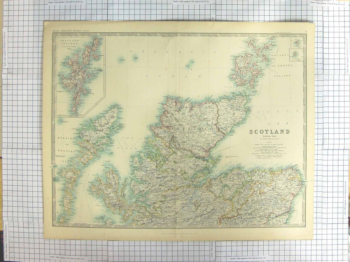 Original Old Antique Print Ref.600 Johnston Map C1870 Northern Scotland Orkney