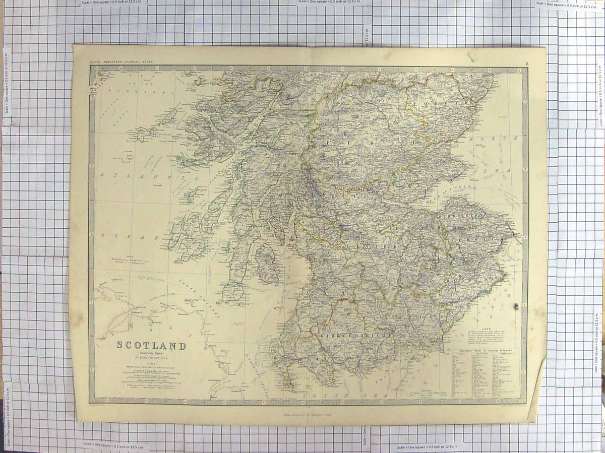 Original Old Antique Print Johnston Map C1870 Scotland Edinburgh Forth Victorian