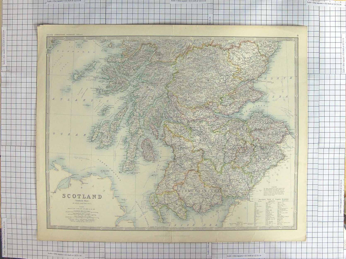 Original Old Antique Print Johnston Map C1870 Southern Scotland Arran Victorian