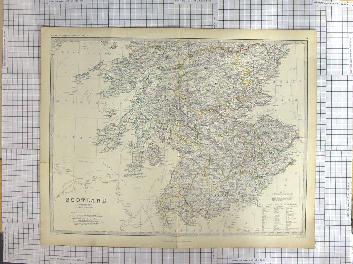Original Old Antique Print Johnston Map C1870 Southern Scotland Clyde Victorian