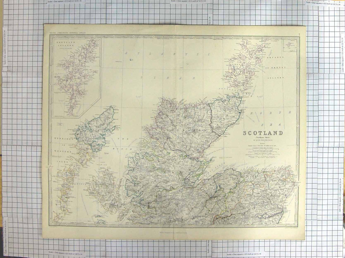 Original Old Antique Print Johnston Map C1870 Northern Scotland Minch Victorian