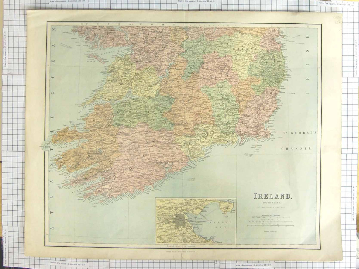 Original Old Antique Print Bartholomew Map C1870 Ireland Dublin Bay Victorian