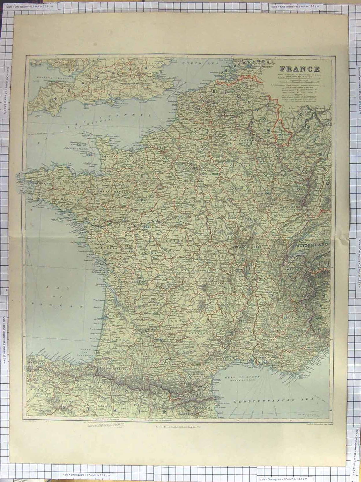 Original Old Antique Print Stanford Map C1870 France Switzerland Channel 19th