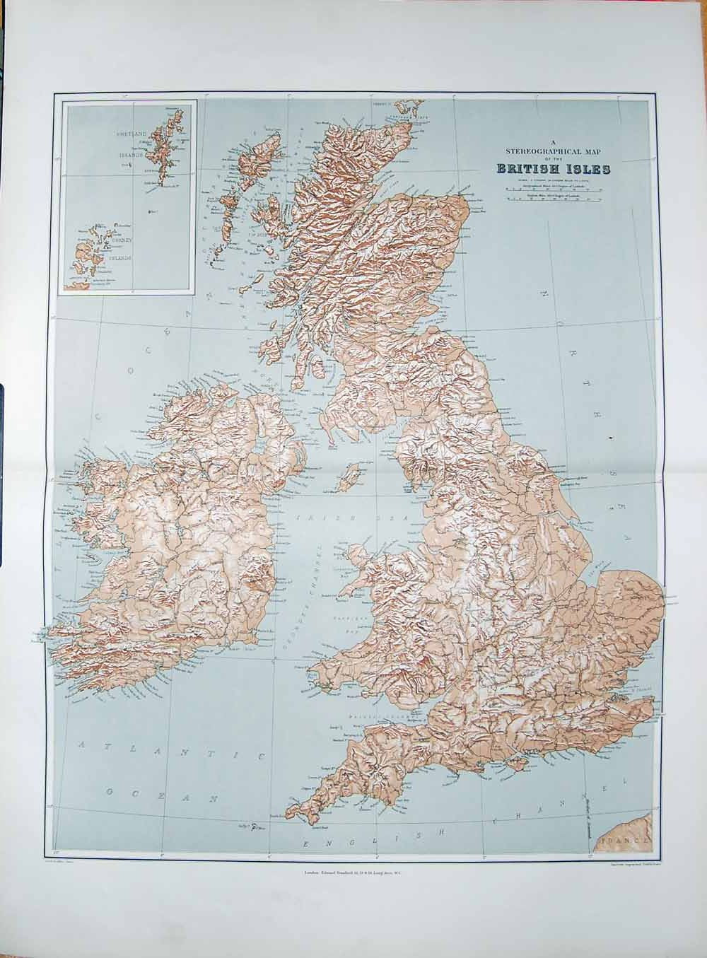 Original Old Antique Print Stanford Stereographical Map British Isles 1904 20th