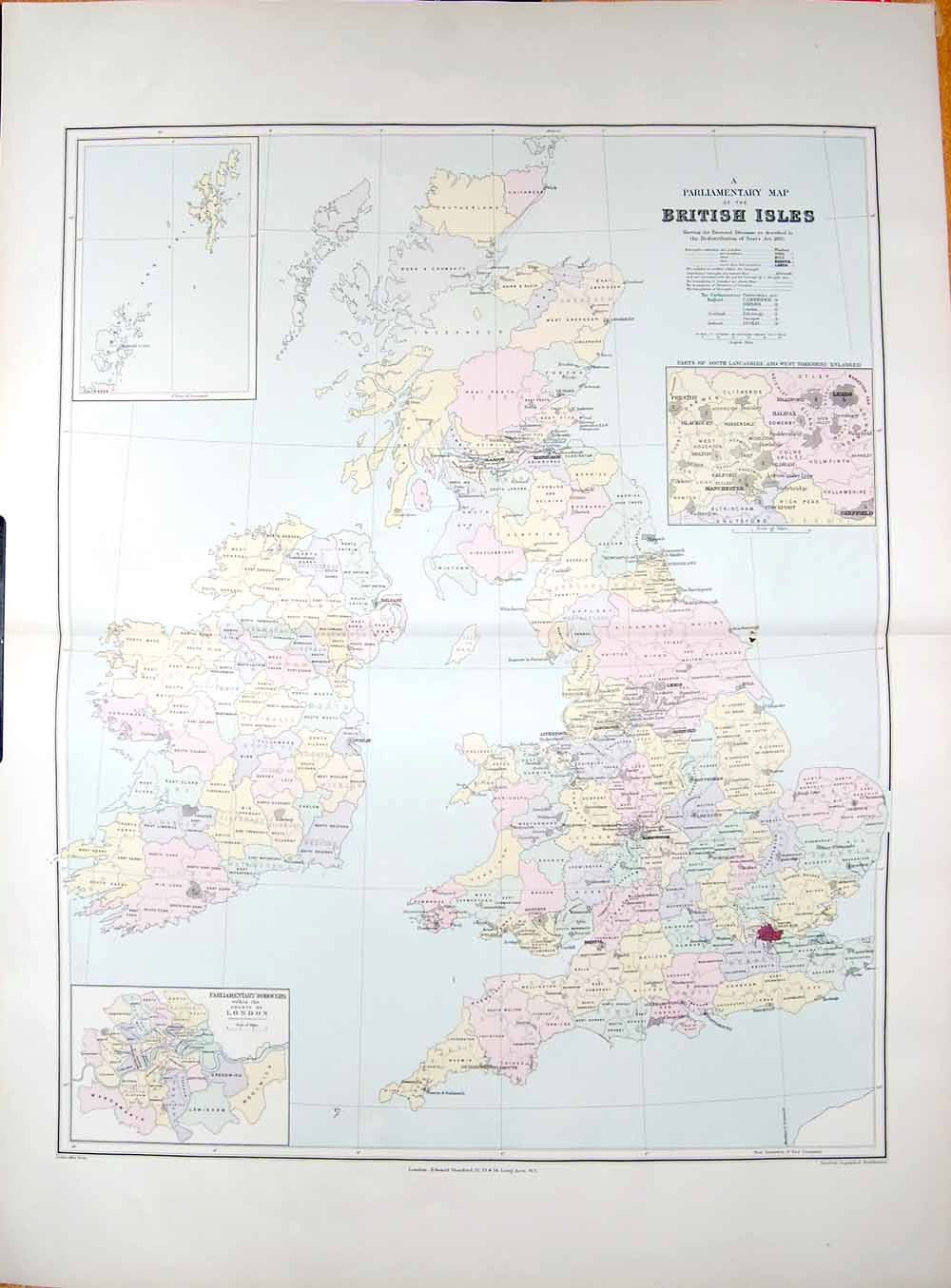 Old Antique Print Stanford Map 1904 Parliamentary Boroughs British Isles 20th