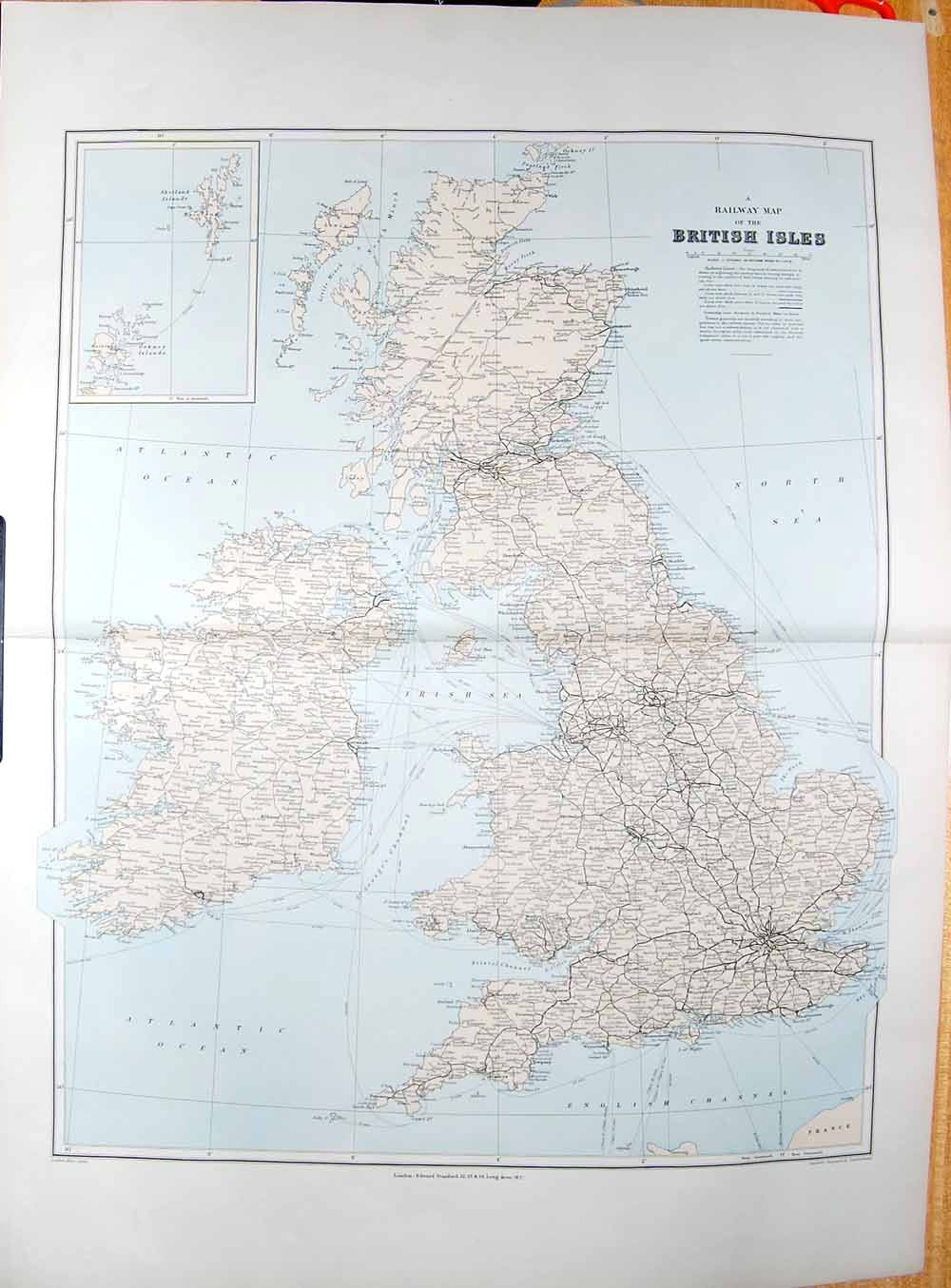 Original Old Antique Print Stanford Map 1904 Railway Plan British Isles Orkney